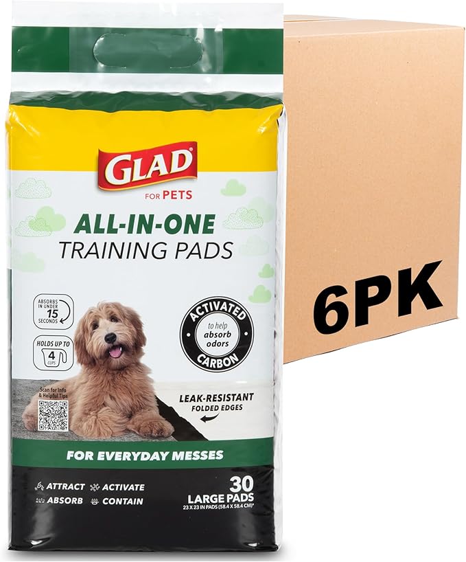 Glad for Pets Black Charcoal Puppy Pads - Super Absorbent Disposable Dog Pee Pad, Potty Training, Dog Crate and Indoor Use 23" x 23" - 30 Count - 6 Pack