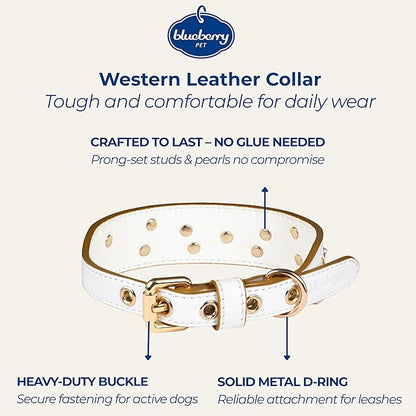 Blueberry Pet Western Genuine Leather Dog Collar for Small Breeds, Pearl White - Floral Embroidery, Pearl Studs, Adjustable 12-15 Inch Neck