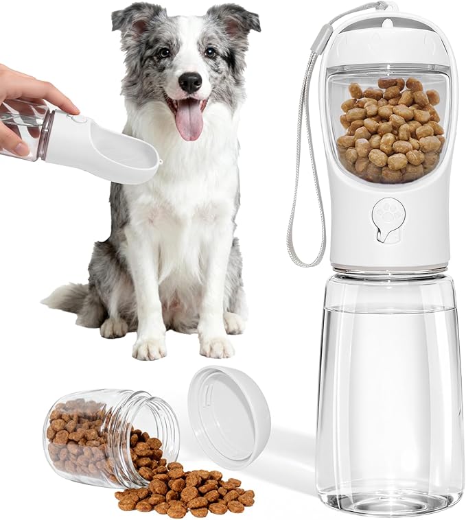 Dog Water Bottle, Portable Water Bottle with Food Container for Dogs Cat Pet Hiking Walking Travel Camping, Leak-Proof Dog Water Bowl Dispenser with Feeder Function Puppy Essentials