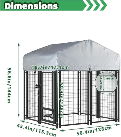 LEMBERI 4x4x4 Outside Dog Kennel with Roof for Large Dogs,Heavy Duty Welded Wire Steel Dog Playpen Fence with Secure Lock, Pet Pen with UV-Resistant Waterproof Cover (45.4''L x 50.4''W x 56.6''H)