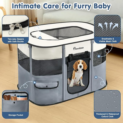 Dog Playpen, Portable Pet Cat PlayPen, 600D Oxford Dog Kennel Tent Crate, Waterproof&Breathable, Indoor Outdoor Travel Camping for Medium/Large Breed with Carrying Case+Bowl(M), Gray