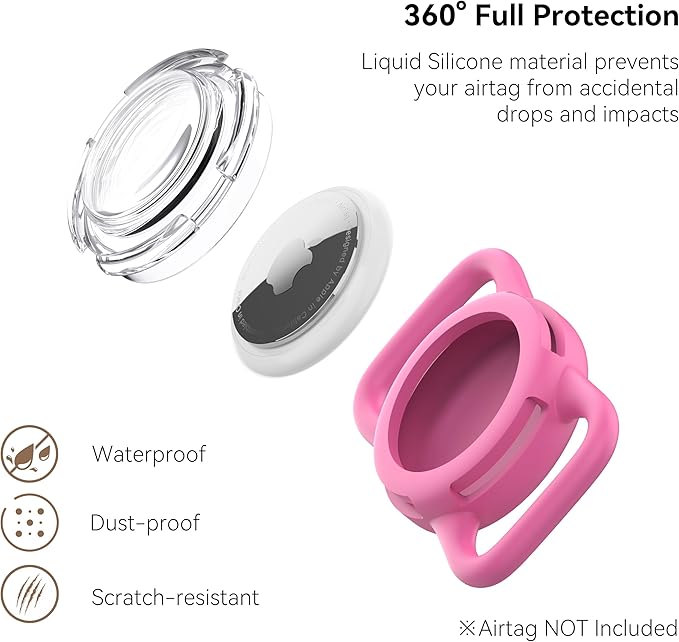 Waterproof Airtag Holder for Dog Collar, Soft Full-Body Protective Airtag Holder for Dog & Cat Collars, Ultra-Durable, Easy Installation, Lightweight Clear Airtag Case (Rose, Regular)