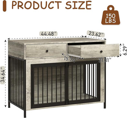 PUKAMI 44inch Large Dog Crate Furniture with Drawers, Wooden Dog Kennel Furniture for Indoor use, Grey End Table Dog House, for Small/Medium/Large Dog, 2-Pack Set