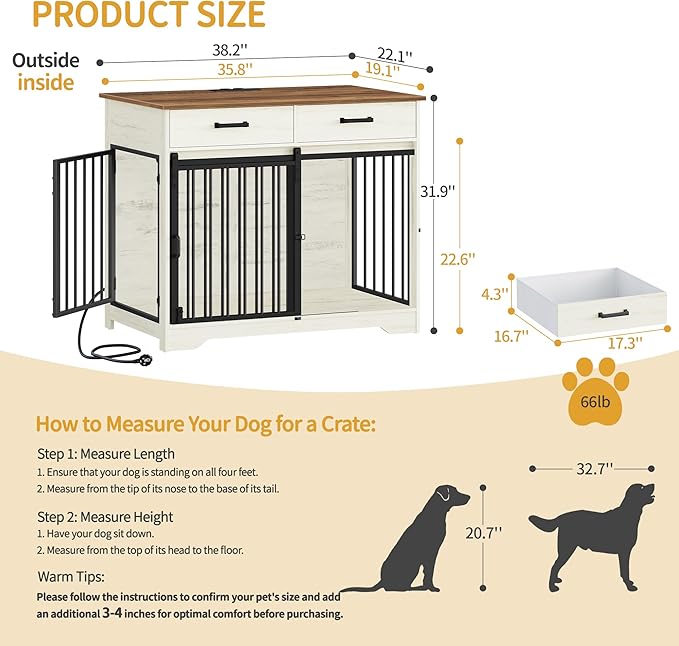 Hzuaneri 38.2'' Dog Crate Furniture with Charging Station, Barn Door Dog Kennel Indoor with 2 Storage Drawers, Wooden Pet Cage End Side Table for Medium/Large Dogs, Chew-Proof, White Brown DFC90314B