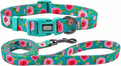 Dog Collar and Leash Set, Rose Pattern, Polyester Material, 5ft Matching Leash, for Small Puppy Dogs.(XS, Green Rose Set)