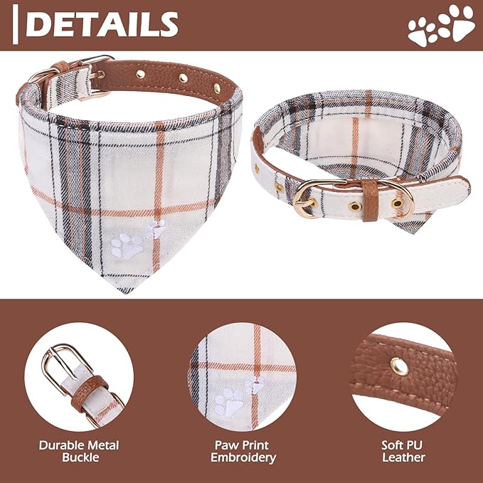 EXPAWLORER Dog Collar and Leash - Embroidery Pawprints Plaid Medium Dog Collars and Leash Set, Cute Bandana and Detachable Collar, Suitable for Small Dogs Cats Girl Boy, Cream M