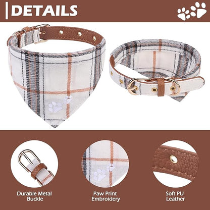 EXPAWLORER Dog Collar and Leash - Embroidery Pawprints Plaid Medium Dog Collars and Leash Set, Cute Bandana and Detachable Collar, Suitable for Small Dogs Cats Girl Boy, Cream M