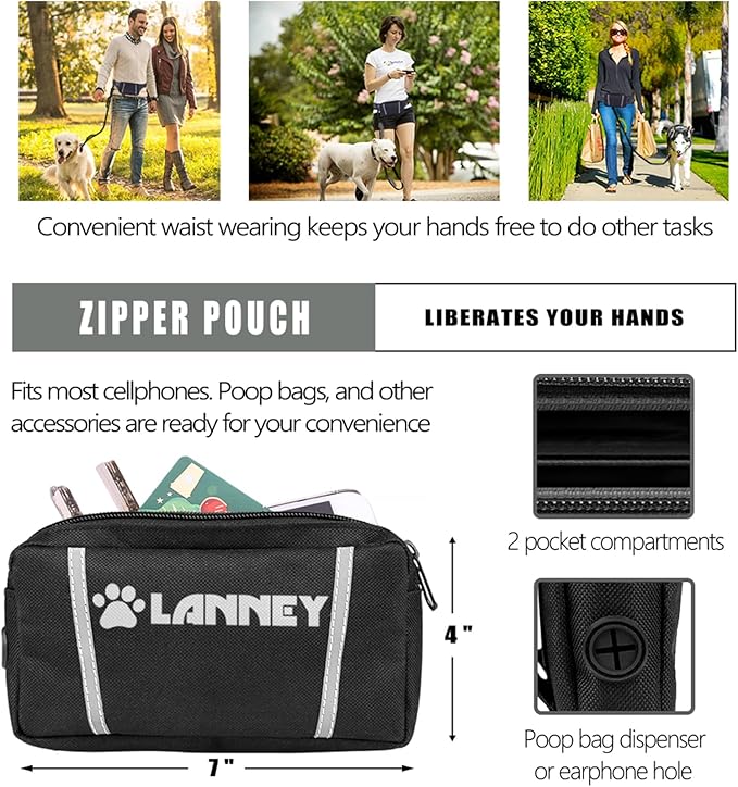 LANNEY Hands Free Dog Leash, Waist Running Leash with Zipper, Walking Pouch for Medium Large Dogs, Dual Handle and Retractable Bungee for Training Jogging Hiking(25-120 lbs, Grey)