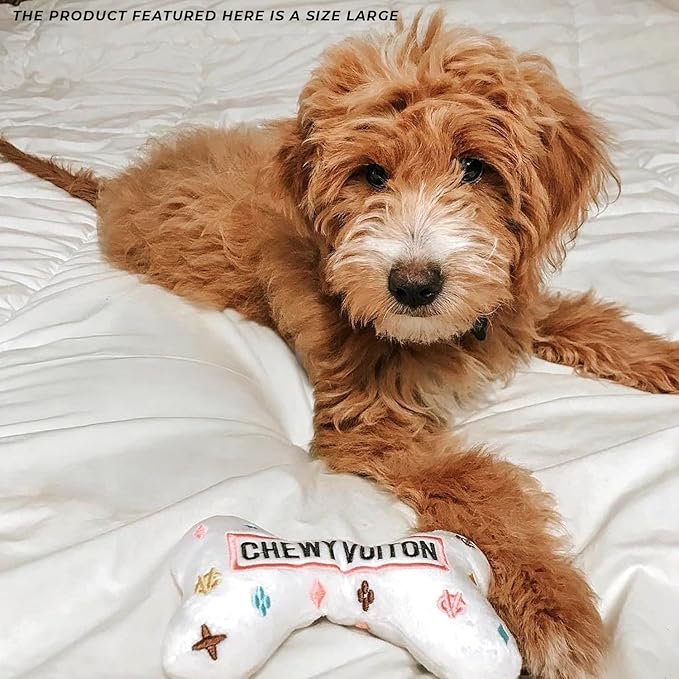 Haute Diggity Dog Chewy Vuiton Bone Plush Squeaky Dog Toy, Soft Durable Designer-Inspired Stuffed Puppy Chew Toys for Small & Medium Dogs, Machine-Washable (White) Large