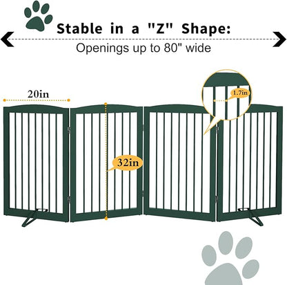PUPETPO Freestanding Pet Gate for Dogs, Indoor Wooden Dog Gate for House, Foldable Dog Gate for Doorway, Stair, Step Over Pet Puppy Safety Fence Tall, 80 Inch Wide, 4 Panels 32", Green