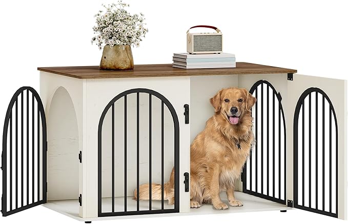39.4" Wooden Dog Crate Furniture, Indoor Dog Kennel Dogs Cage for Small/Medium/Large Dogs, Heavy Duty Dog Crates Decorative Pet House End Side Table TV Stand, White Brown DFC84114B