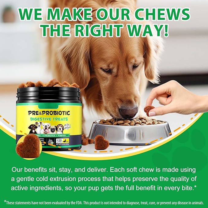 Dog Probiotic Chews, Duck Flavor Chewable Tablets for Dogs, Gut Health & Digestive Support with Probiotics & Prebiotics, Helps with Occasional Loose Stool, Gas & Sensitive Stomach, for All Breeds