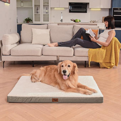 Orthopedic Dog Bed for Large Dogs, Plush Washable Pet Bed for Large Size Dogs with Egg Crate Foam & Removable Oxford Cover, 36x27 Inch, Khaki White