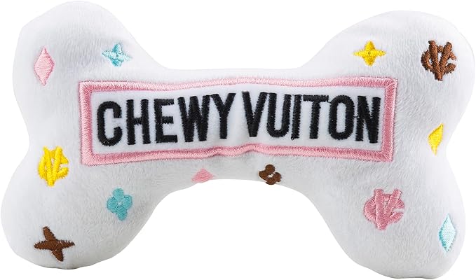 Haute Diggity Dog Chewy Vuiton Bone Plush Squeaky Dog Toy, Soft Durable Designer-Inspired Stuffed Puppy Chew Toys for Small & Medium Dogs, Machine-Washable (White) Large