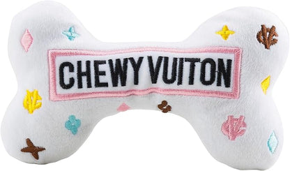 Haute Diggity Dog Chewy Vuiton Bone Plush Squeaky Dog Toy, Soft Durable Designer-Inspired Stuffed Puppy Chew Toys for Small & Medium Dogs, Machine-Washable (White) Large