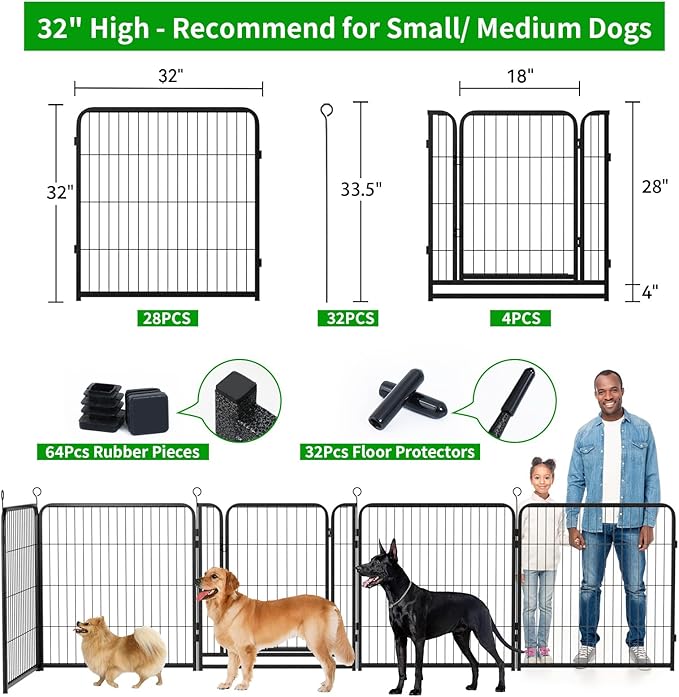 Kfvigoho Dog Playpen Outdoor Extra Wide 32 Piece Panels Heavy Duty Dog Fence 32" Height Anti-Rust with Doors Portable for RV Camping Yard, Total 84FT, 561 Sq.ft, Snowy Black