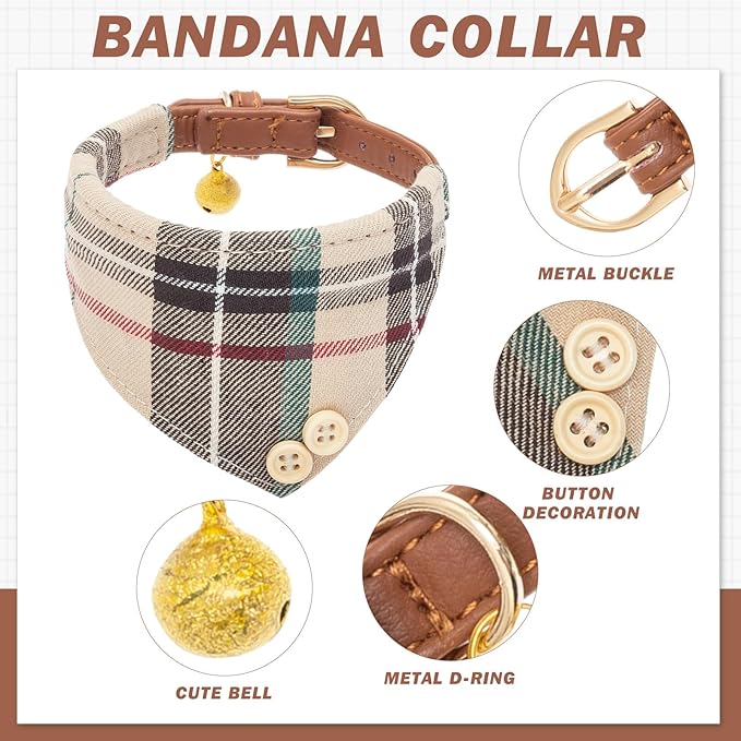 EXPAWLORER Dog Collar and Bandana Set - Classic Plaid Dog Bow Tie and Bandana Collar with PU Leather, Adjustable Collars for Small Medium Large Dogs Cats, Holiday Ideal Gift, Beige SM