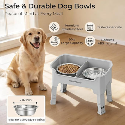 URPOWER Mess Proof Elevated Dog Bowls, High Wall Splash Guard Design, 4 Height Adjustable Raised Bowl Stand, 2 Stainless Steel Bowls, Non-Slip Food Water Set for Small Medium Large Dogs