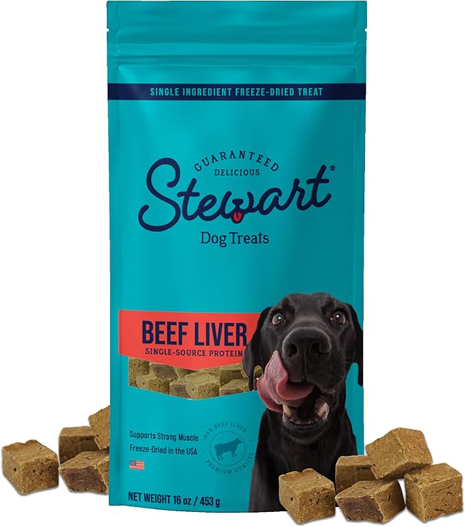 Stewart 100% Beef Liver Dog Treats, 16 oz Pouch, ~360 Pieces, Freeze Dried Raw, Single Ingredient, 50% Protein Training Treats or Meal Topper, Grain Free, Gluten Free