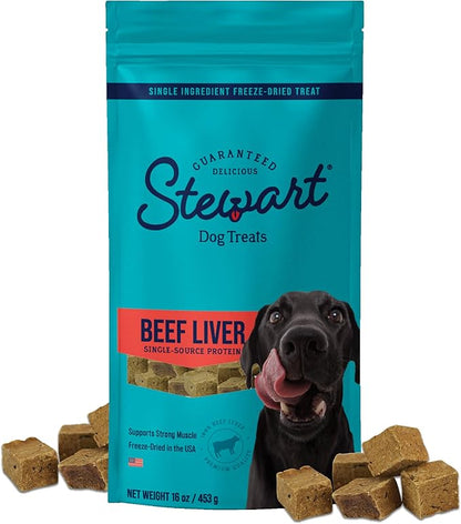 Stewart 100% Beef Liver Dog Treats, 16 oz Pouch, ~360 Pieces, Freeze Dried Raw, Single Ingredient, 50% Protein Training Treats or Meal Topper, Grain Free, Gluten Free