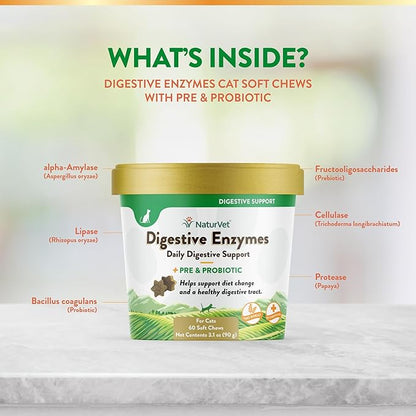 NaturVet – Digestive Enzymes for Cats Plus Probiotics – 60 Soft Chews – Helps Support Diet Change & A Healthy Digestive Tract – Aids in the Absorption of Vitamins & Minerals – 30 Day Supply