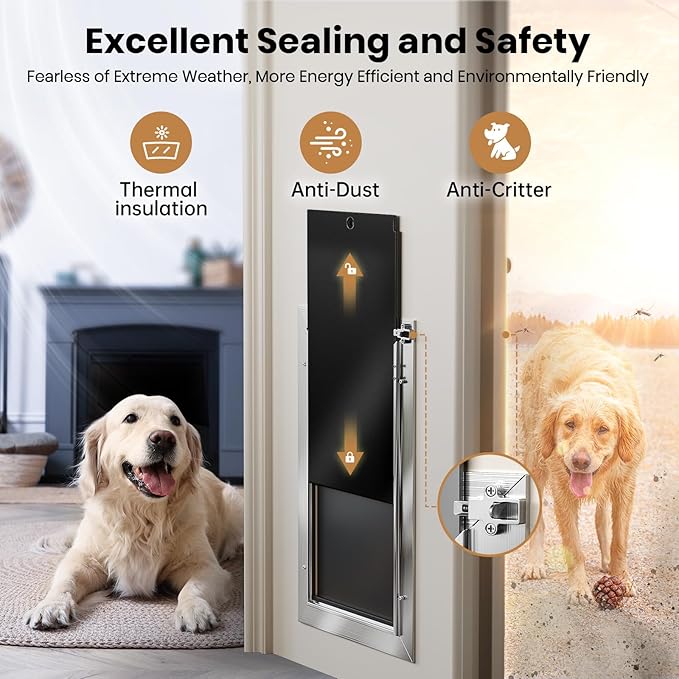 Dog Door All Aluminum Medium, Doggy Doggie Cat Door, Heavy Duty Pet Door for Install in Interior Exterior Doors or Wall, 2 Magnetic Flaps, Energy Efficient, Closing Panel for Pets Up to 45Lb