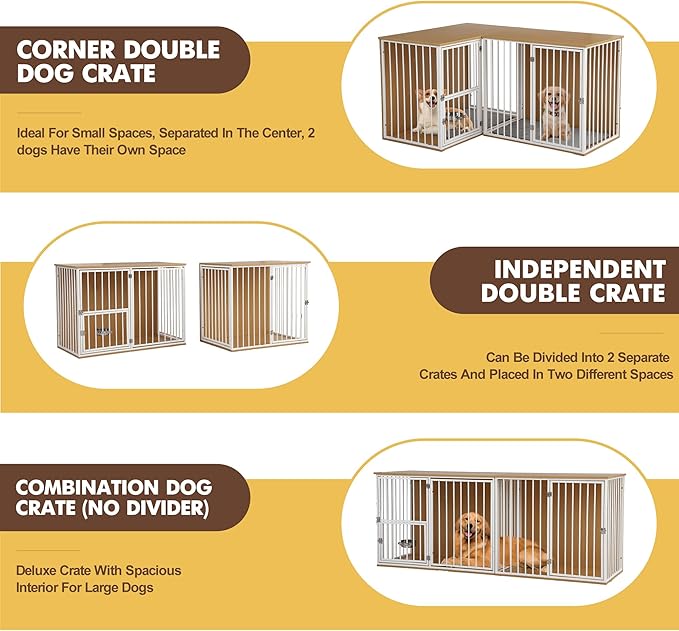 Dog Crate Furniture for 2 Dogs, Corner Heavy Duty Double Dog Kennel Furniture with Divider, Indoor Wooden Dogs Crate Large Breed (White)