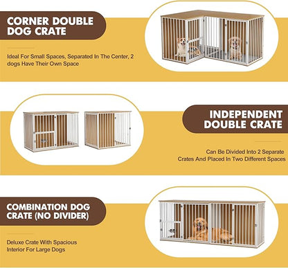 Dog Crate Furniture for 2 Dogs, Corner Heavy Duty Double Dog Kennel Furniture with Divider, Indoor Wooden Dogs Crate Large Breed (White)