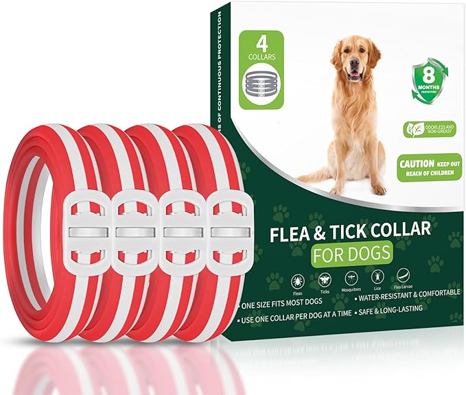 4 Pack Flea Collar for Dogs, Flea and Tick Prevention for Dogs, Dog Flea and Tick Treatment, 32 Months Protection, Waterproof, Adjustable Tick Collar for Dogs, One Size Fits All, Red and White