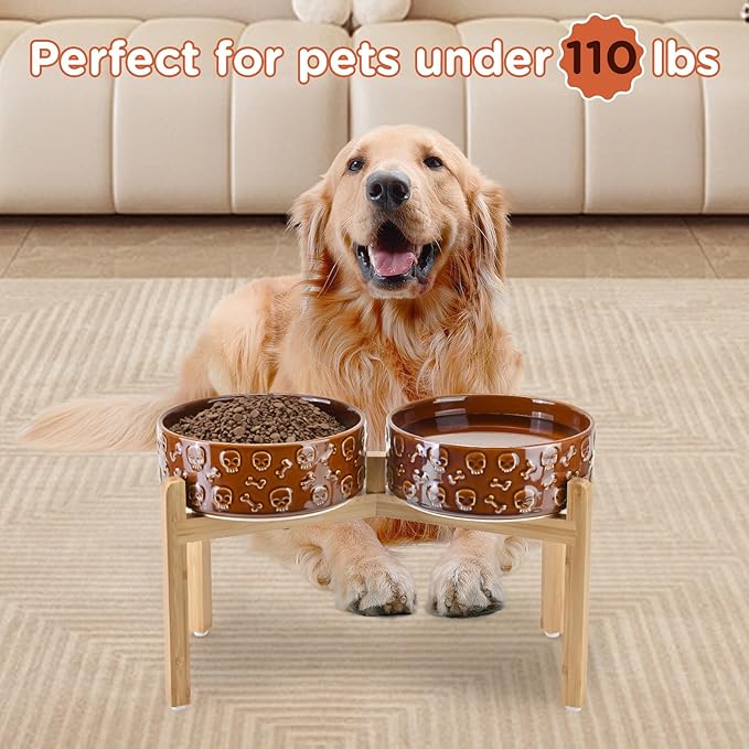 SPUNKYJUNKY Elevated Dog Bowls Ceramic, 8.3'' Dogs Food Water Bowls Raised with Non-Slip Bamboo Stand for Large Sized Breed Microwave Dishwasher Safe - 60 OZ,Skull Bronze