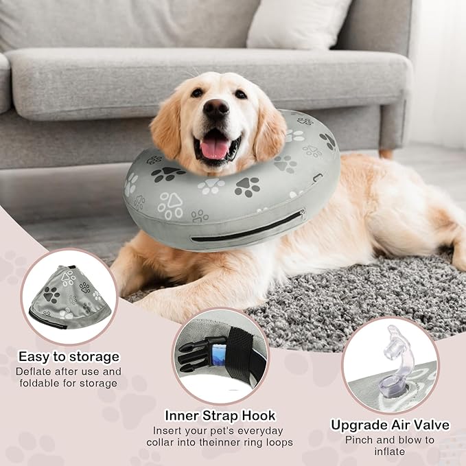 SCENEREAL Dog Cone Alternative After Surgery Donut Collar, Soft Pet Recovery Pillow Collar for Medium Large Dogs, Inflatable Adjustable Neck Collars to Prevent Licking, Grey Footprints M