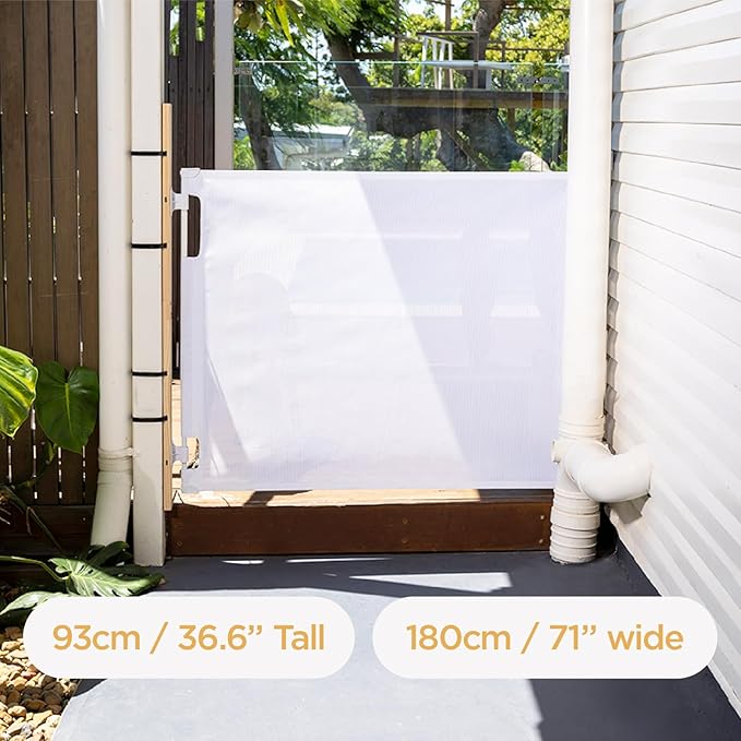 Hakuna Pets Indoor/Outdoor Paw Proof Retractable Dog Gate, 36.6" Tall Extends to 71" Wide, White
