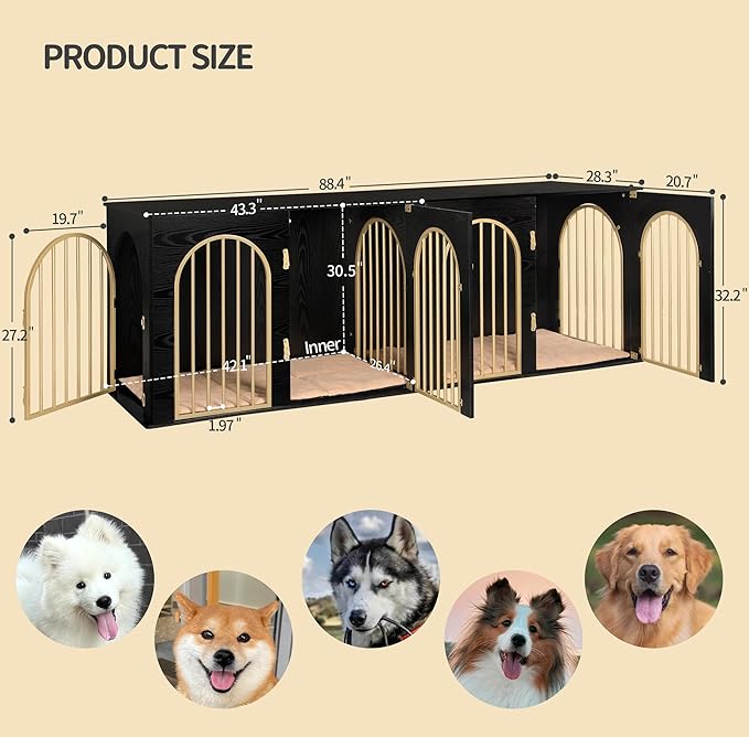 Hzuaneri 88.4" Dog Crate Furniture for 2 Dogs, Heavy Duty Indoor Dog Kennel TV Stand, XXL Wooden Dog Cage with Divider for Medium Large Dogs, End Table Dog Crate with Cushion, Black Gold DFC84004AV1