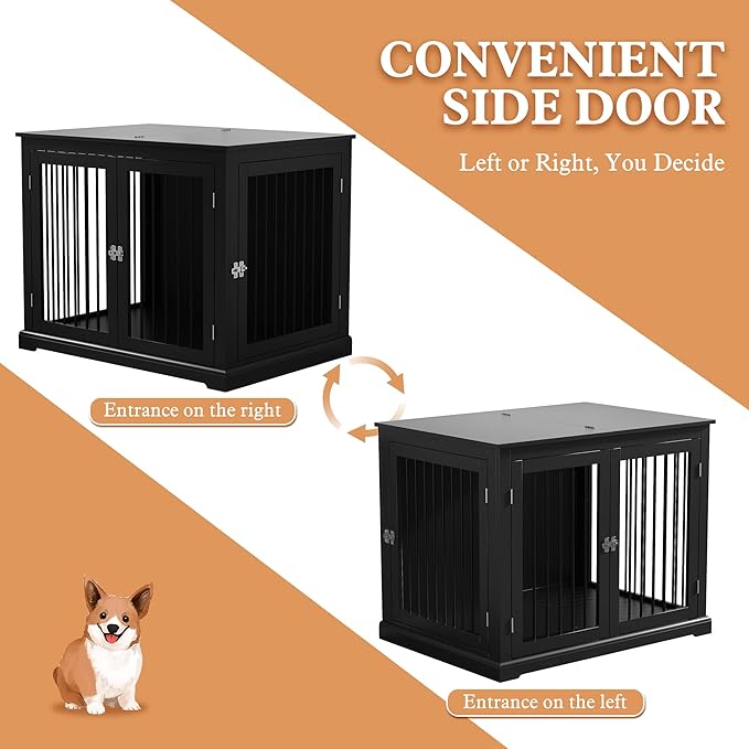 PUPETPO Large Dog Crate Furniture, Wooden Dog Kennel with Cushion, Dog Crate End Table Large, Indoor Dog Kennel, Modern Decorative Dog Crates with Flip Top, Chew-Proof Metal Bars, Black
