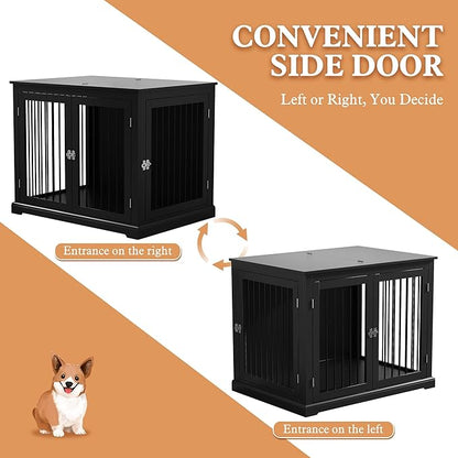 PUPETPO Large Dog Crate Furniture, Wooden Dog Kennel with Cushion, Dog Crate End Table Large, Indoor Dog Kennel, Modern Decorative Dog Crates with Flip Top, Chew-Proof Metal Bars, Black