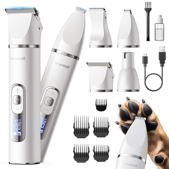 oneisall 4 in 1 Dog Grooming Kit with LCD Display, Dog Hair Trimmer for Paw Nail Grinder, Rechargeable Cordless Low Noise IPX7 Waterproof Pet Clippers (White)