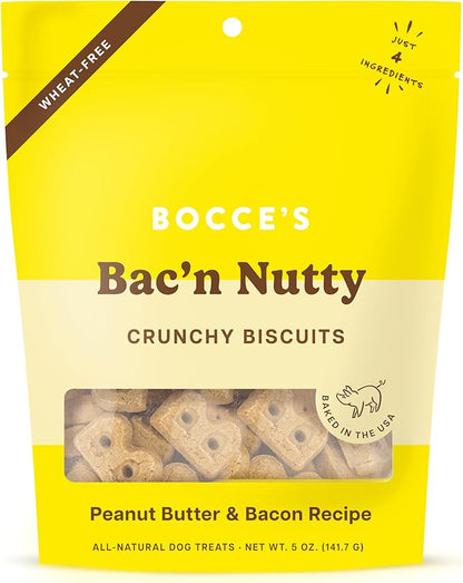 Bocce's Bakery Oven Baked Bac'N Nutty Treats for Dogs, Everyday Wheat-Free Dog Treats, Made with Real Ingredients, Baked in The USA, Natural PB & Bacon Biscuits, 5 oz