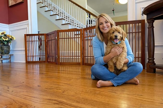 Urnporium Freestanding Wooden Dog Gate Foldable Indoor Pet Gate No Drill Expandable Barrier for Doorways Stairs Hallways Portable Wood Fence for Small Dogs & Puppies (Brown Pet Gate, 5 Panel 24" Tall)