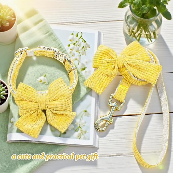 Dog Collar and Leash Set with Bowtie, Girl Dog Collars Metal Buckle Adjustable for Small Medium Dogs (Yellow, S: Neck 10"-16" Leash 5 FT)