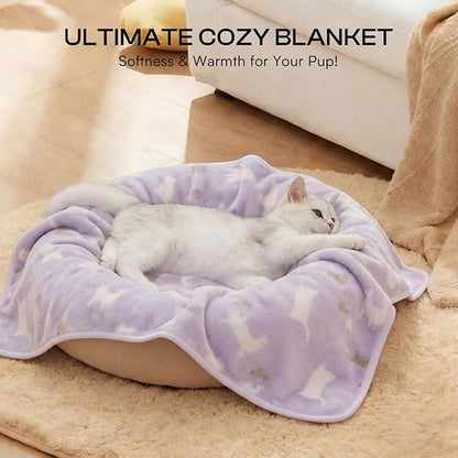 Luciphia 1 Pack 3 Cat Printed Fleece Pet Blankets Washable，Soft Warm Throw Covers for Crate Couch Bed，Cozy Puppy Essentials for Dogs and Cats，Purple/Grey/Khaki, Medium (30x20)