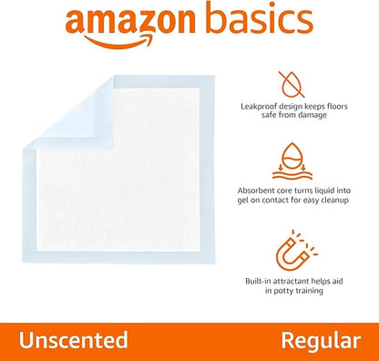 Amazon Basics Leak-Proof Dog and Puppy Potty Training Pee Pads with Quick-Dry 5-Layer Super Absorbent Surface for Dog Training, Floor Protection, Regular Size 22x22", Blue & White, 50 Count