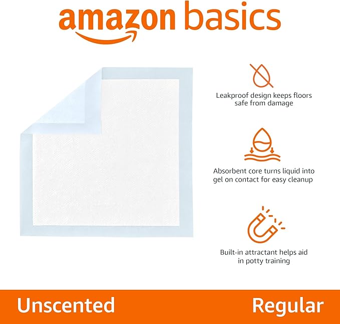 Amazon Basics Leak-Proof Dog and Puppy Potty Training Pee Pads with Quick-Dry 5-Layer Super Absorbent Design for Housebreaking, Regular Size 22x22", Blue & White, 150 Count