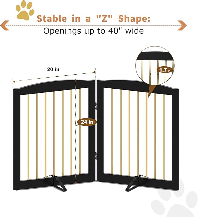 PUPETPO Freestanding Pet Gate for Dogs, Foldable Wooden Dog Gate for House, Stairs, Doorways, Step Over Pet Puppy Safety Fence,Support Feet Included,24" Height 2 Panels, Black&Gold