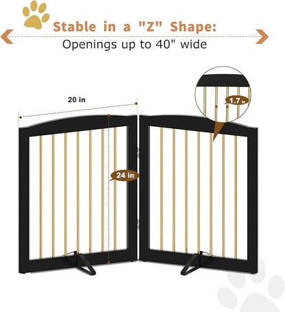 PUPETPO Freestanding Pet Gate for Dogs, Foldable Wooden Dog Gate for House, Stairs, Doorways, Step Over Pet Puppy Safety Fence,Support Feet Included,24" Height 2 Panels, Black&Gold