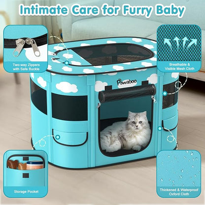 Dog Playpen, Portable Pet Cat PlayPen, 600D Oxford Dog Kennel Tent Crate, Waterproof&Breathable, Indoor Outdoor Travel Camping for Medium/Large Breed with Carrying Case+Bowl(M), Blue + White Clouds