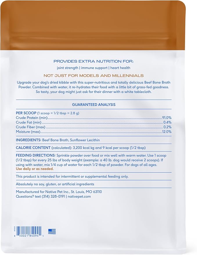 Native Pet Bone Broth for Dogs and Cats - Made with Real Beef Bone Broth, Dog Food Toppers for Picky Eaters- Provides Extra Hydration & Nutrition for Joint Strength, Immunity & Heart Health-192 Scoops