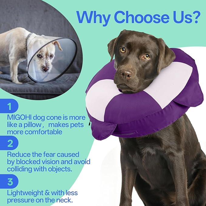 MIGOHI Recovery Collar for Dogs - Inflatable Soft Pillow Cone Alternative, Donut Neck Cone for Wound Licking &Scratching,Adjustable Comfy for Medium Large Dogs Neuter Recovery (X-Large, Purple)