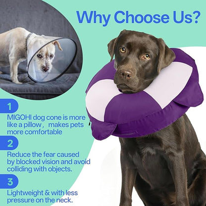 MIGOHI Soft Dog Pillow Donut Collar - Inflatable Alternative to Plastic Cone After Surgery,Adjustable Recovery E-Collar for Medium Dogs, Prevents Licking, Post-Surgical Spay Care(Large, Purple)