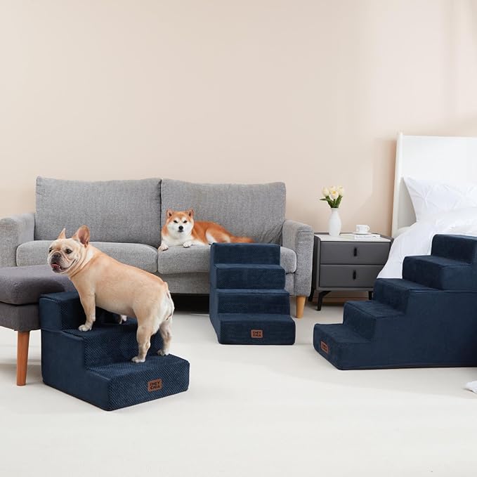 EHEYCIGA Dog Stairs for Small Dogs 13.5" H, 3-Step Dog Steps for Couch Sofa and Chair, Pet Steps for Medium Cats, Non-Slip Balanced Pet Ramp Indoor, Navy Blue