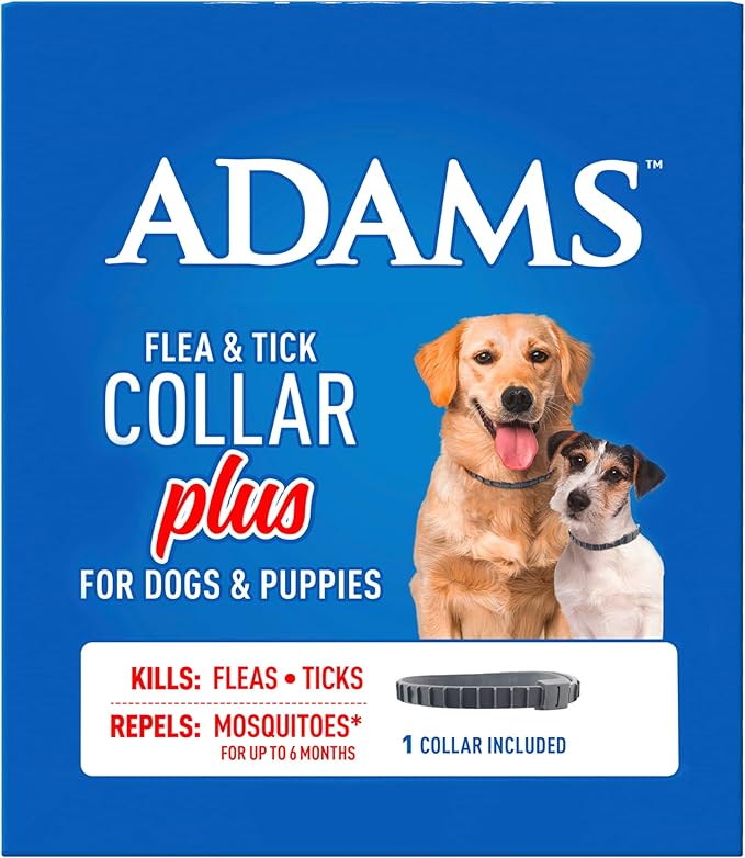 ADAMS Flea & Tick Collar Plus for Dogs & Puppies, 12 Months Protection Against Flea Infestations, Kills Fleas & Ticks, Repels Mosquitoes for Up to 6 Months (Excl. California), One Size Fits All, 1 ct